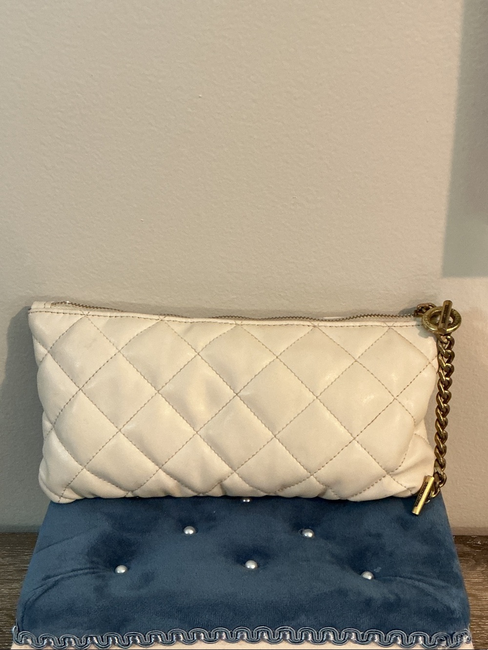 Saint Laurent White Quilted Leather (?) Wristlet Clutch with Gold Chain Accent